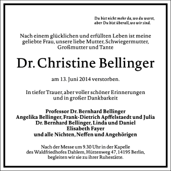 Traueranzeige von Dr. Christine Bellinger von Frankfurter Allgemeine Zeitung