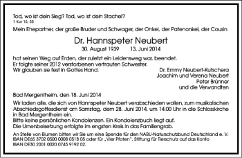 Traueranzeige von Dr. Hannspeter Neubert von Frankfurter Allgemeine Zeitung