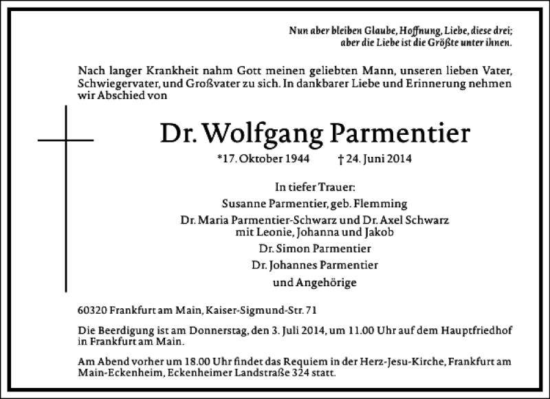  Traueranzeige für Dr. Wolfgang Parmentier vom 28.06.2014 aus Frankfurter Allgemeine Zeitung