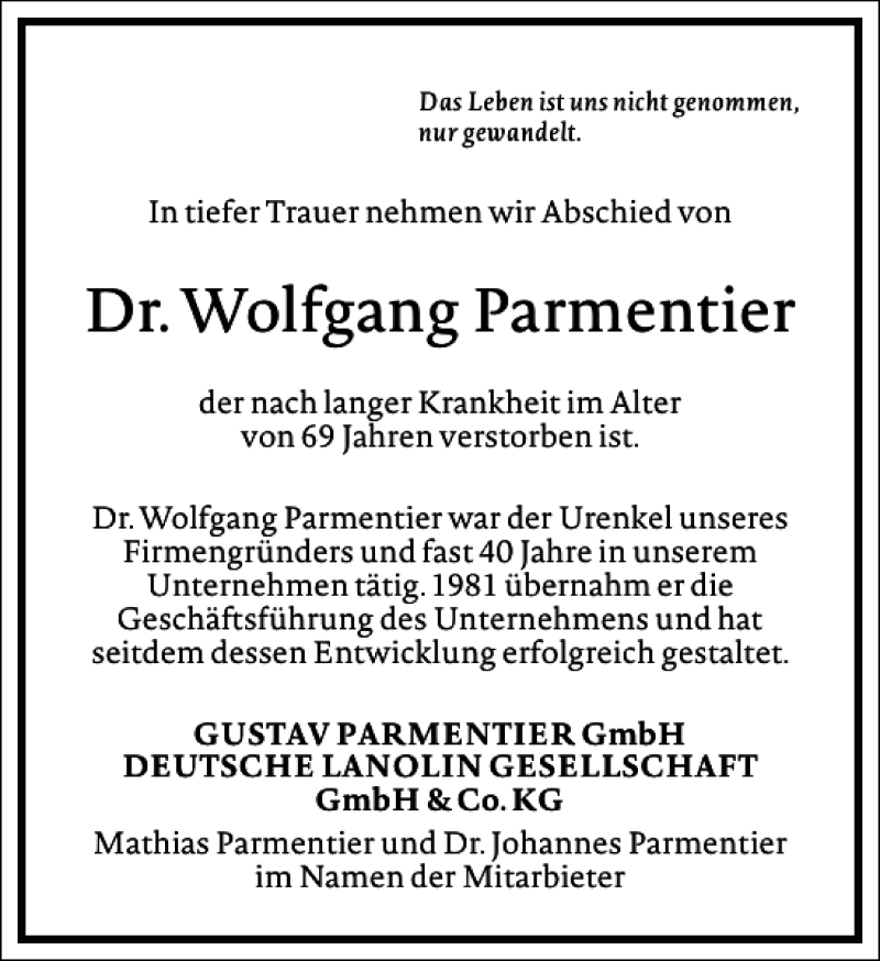  Traueranzeige für Dr. Wolfgang Parmentier vom 28.06.2014 aus Frankfurter Allgemeine Zeitung