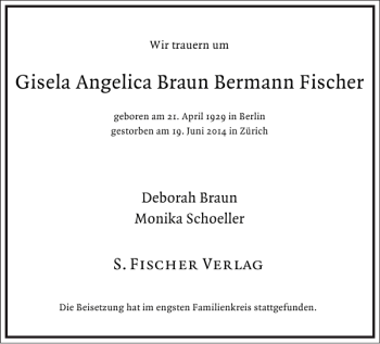 Traueranzeige von Gisela Angelica Braun Bermann Fischer von Frankfurter Allgemeine Zeitung