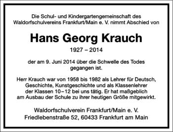 Traueranzeige von Hans-Georg Krauch von Frankfurter Allgemeine Zeitung