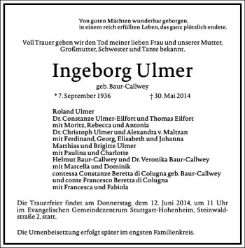 Traueranzeige von Ingeborg Ulmer von Frankfurter Allgemeine Zeitung