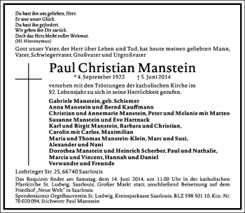 Traueranzeige von Paul Christian Manstein von Frankfurter Allgemeine Zeitung