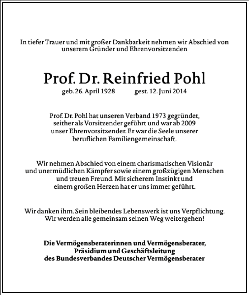  Traueranzeige für Prof. Dr. Reinfried Pohl vom 18.06.2014 aus Frankfurter Allgemeine Zeitung