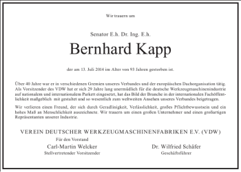 Traueranzeige von Bernhard Kapp von Frankfurter Allgemeine Zeitung