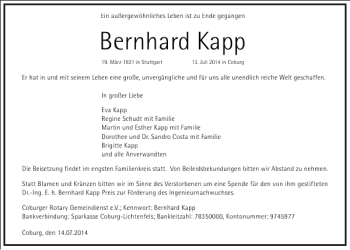 Traueranzeige von Bernhard Kapp von Frankfurter Allgemeine Zeitung