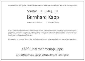 Traueranzeige von Bernhard Kapp von Frankfurter Allgemeine Zeitung