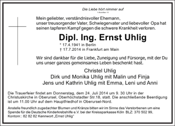 Traueranzeige von Dipl. Ing. Ernst Uhlig von Frankfurter Allgemeine Zeitung