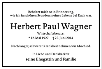 Traueranzeige von Herbert Paul Wagner von Frankfurter Allgemeine Zeitung