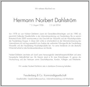 Traueranzeige von Hermann Norbert Dahlström von Frankfurter Allgemeine Zeitung