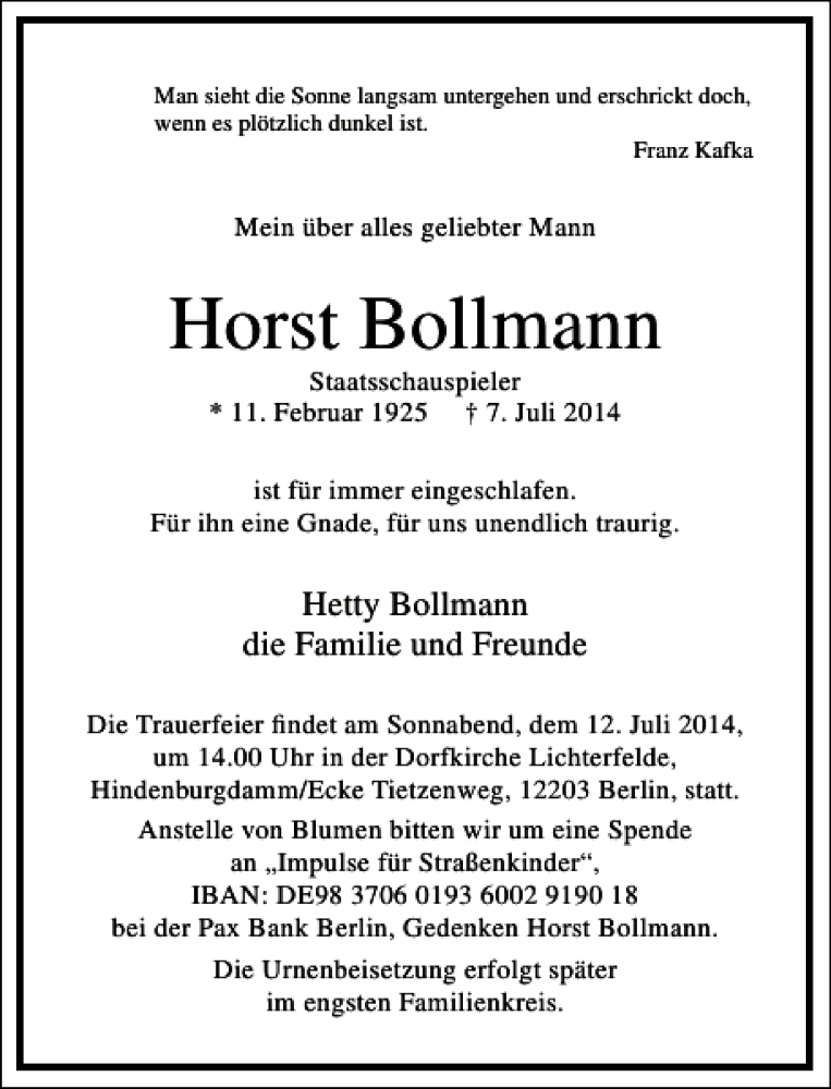  Traueranzeige für Horst Bollmann vom 12.07.2014 aus Frankfurter Allgemeine Zeitung