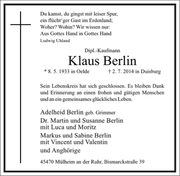 Traueranzeige von Klaus Berlin von Frankfurter Allgemeine Zeitung