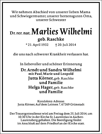 Traueranzeige von Marlies Wilhelmi von Frankfurter Allgemeine Zeitung