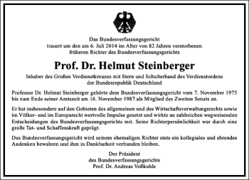 Traueranzeige von Prof. Dr. Helmut Steinberger von Frankfurter Allgemeine Zeitung