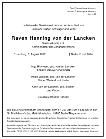 Traueranzeige von Raven Henning von der Lancken von Frankfurter Allgemeine Zeitung