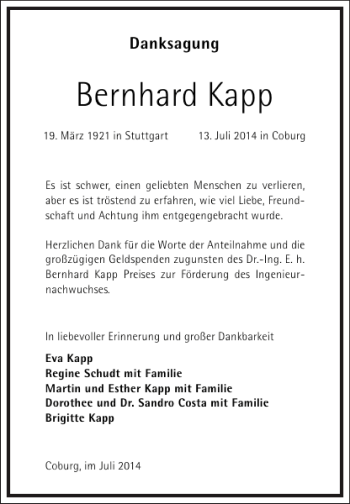 Traueranzeige von Bernhard Kapp von Frankfurter Allgemeine Zeitung