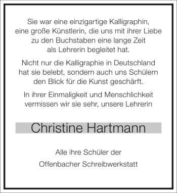 Traueranzeige von Christine Hartmann von Frankfurter Allgemeine Zeitung