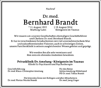 Traueranzeige von Dr. Bernhard Brandt von Frankfurter Allgemeine Zeitung