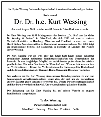 Traueranzeige von Dr. Dr. h.c. Kurt Wessing von Frankfurter Allgemeine Zeitung