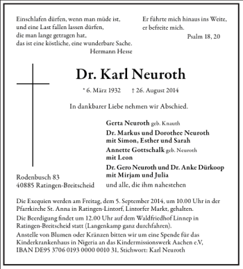 Traueranzeige von Dr. Karl Neuroth von Frankfurter Allgemeine Zeitung