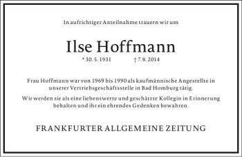 Traueranzeige von Ilse Hoffmann von Frankfurter Allgemeine Zeitung