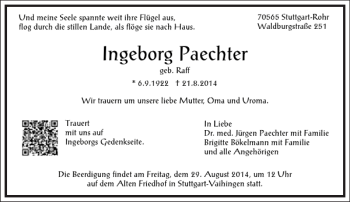 Traueranzeige von Ingeborg Paechter von Frankfurter Allgemeine Zeitung