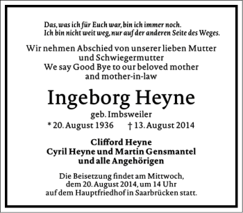 Traueranzeige von Ingeburg Heyne von Frankfurter Allgemeine Zeitung