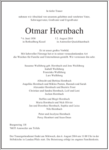 Traueranzeige von Otmar Hornbach von Frankfurter Allgemeine Zeitung