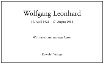 Traueranzeige von Wolfgang Leonhard von Frankfurter Allgemeine Zeitung