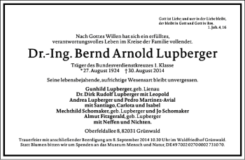 Traueranzeige von Dr.-Ing. Bernd Arnold Lupberger von Frankfurter Allgemeine Zeitung