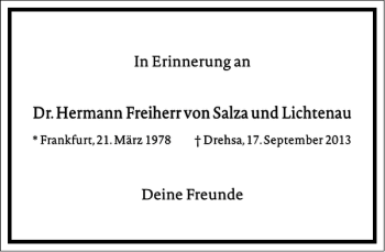 Traueranzeige von Dr.Hermann Freiherr von Salza und Lichtenau  von Frankfurter Allgemeine Zeitung