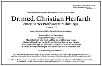 Traueranzeige von Dr. med. Christian Herfarth von Frankfurter Allgemeine Zeitung