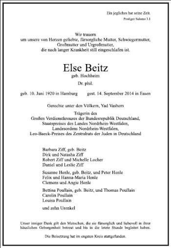 Traueranzeige von Else Beitz von Frankfurter Allgemeine Zeitung