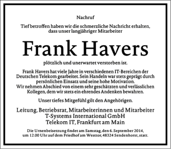 Traueranzeige von Frank Havers von Frankfurter Allgemeine Zeitung
