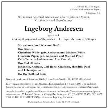 Traueranzeige von Ingeborg Andresen von Frankfurter Allgemeine Zeitung