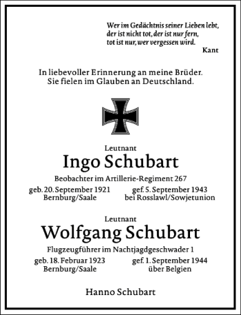 Traueranzeige von Ingo Schubart Wolfgang Schubart von Frankfurter Allgemeine Zeitung