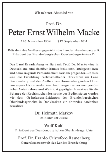 Traueranzeige von Peter Ernst Wilhelm Macke von Frankfurter Allgemeine Zeitung