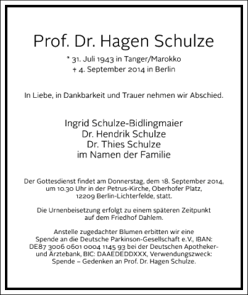 Traueranzeige von Prof. Dr. Hagen Schulze von Frankfurter Allgemeine Zeitung