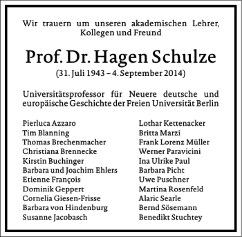 Traueranzeige von Prof. Dr. Hagen Schulze von Frankfurter Allgemeine Zeitung