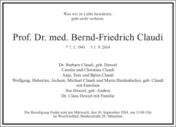 Traueranzeige von Prof. Dr. med. Bernd-Friedrich Claudi von Frankfurter Allgemeine Zeitung