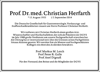 Traueranzeige von Prof. Dr. med. Christian Herfarth von Frankfurter Allgemeine Zeitung