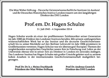 Traueranzeige von Prof. em. Dr. Hagen Schulze von Frankfurter Allgemeine Zeitung