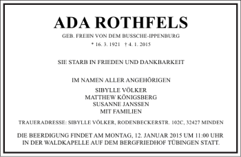 Traueranzeige von Ada Rothfels von Frankfurter Allgemeine Zeitung