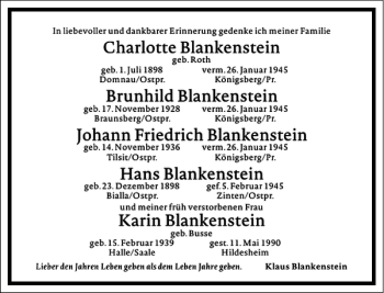 Traueranzeige von Charlotte Blankenstein von Frankfurter Allgemeine Zeitung