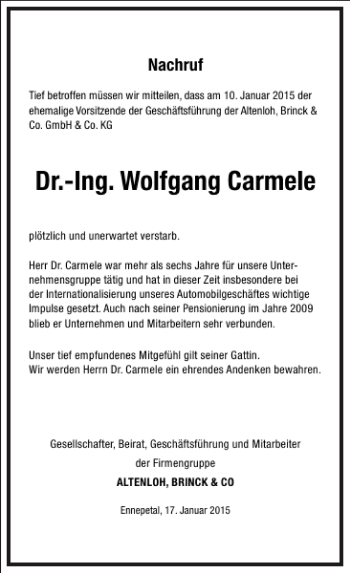 Traueranzeige von Dr.-Ing. Wolfgang Carmele von Frankfurter Allgemeine Zeitung