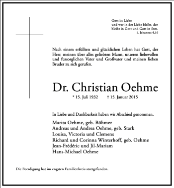 Traueranzeige von Dr. Christian Oehme von Frankfurter Allgemeine Zeitung