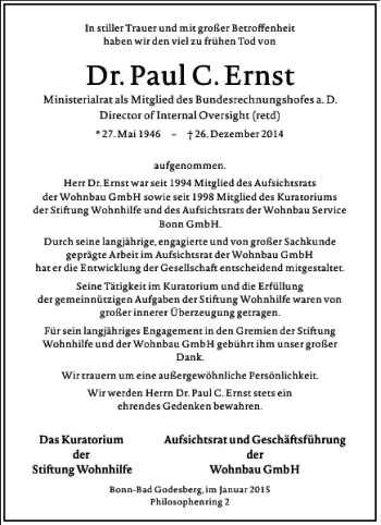 Traueranzeige von Dr. Paul C. Ernst von Frankfurter Allgemeine Zeitung
