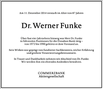Traueranzeige von Dr. Werner Funke von Frankfurter Allgemeine Zeitung