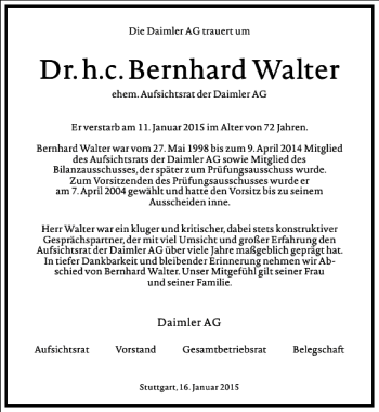 Traueranzeige von Dr. h.c. Bernhard Walter von Frankfurter Allgemeine Zeitung